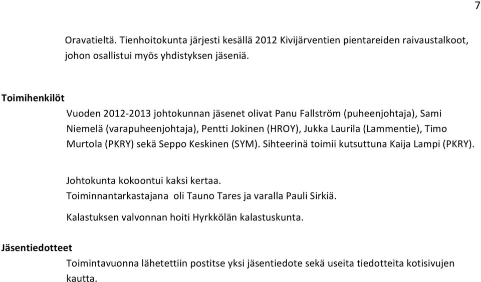 (Lammentie), Timo Murtola (PKRY) sekä Seppo Keskinen (SYM). Sihteerinä toimii kutsuttuna Kaija Lampi (PKRY). Johtokunta kokoontui kaksi kertaa.