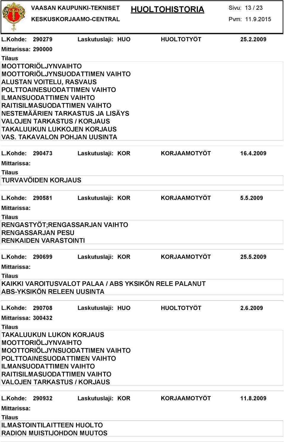 Kohde: 290699 Laskutuslaji: KOR KORJAAMOTYÖT 25.5.2009 KAIKKI VAROITUSVALOT PALAA / ABS YKSIKÖN RELE PALANUT ABS-YKSIKÖN RELEEN UUSINTA L.