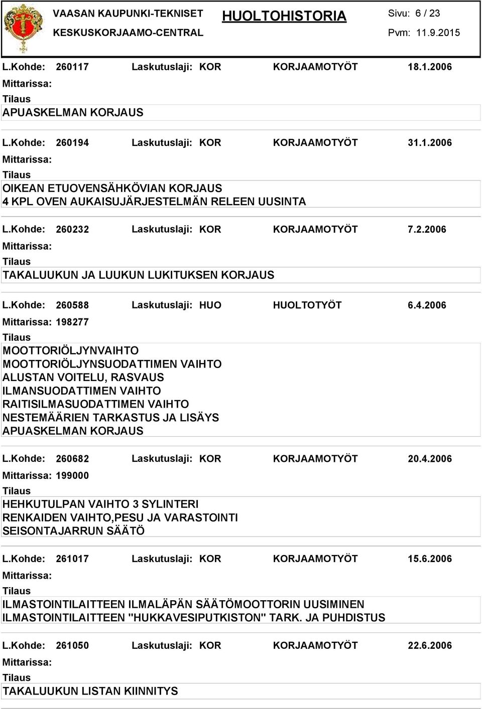 2006 198277 ALUSTAN VOITELU, RASVAUS APUASKELMAN KORJAUS L.Kohde: 260682 Laskutuslaji: KOR KORJAAMOTYÖT 20.4.