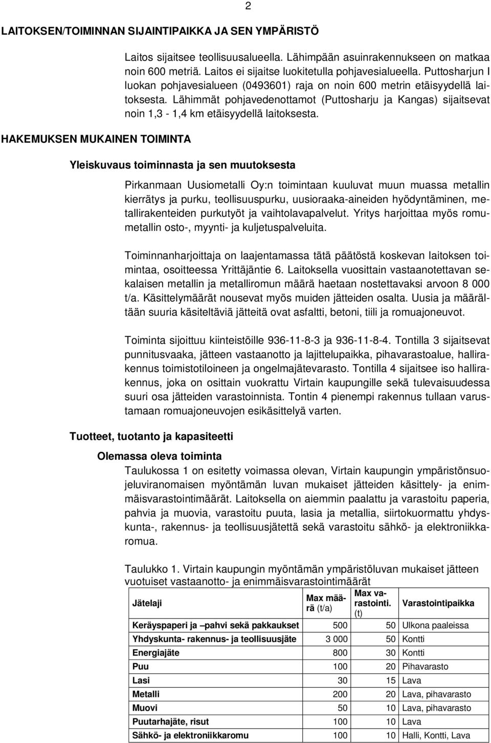 Lähimmät pohjavedenottamot (Puttosharju ja Kangas) sijaitsevat noin 1,3-1,4 km etäisyydellä laitoksesta.