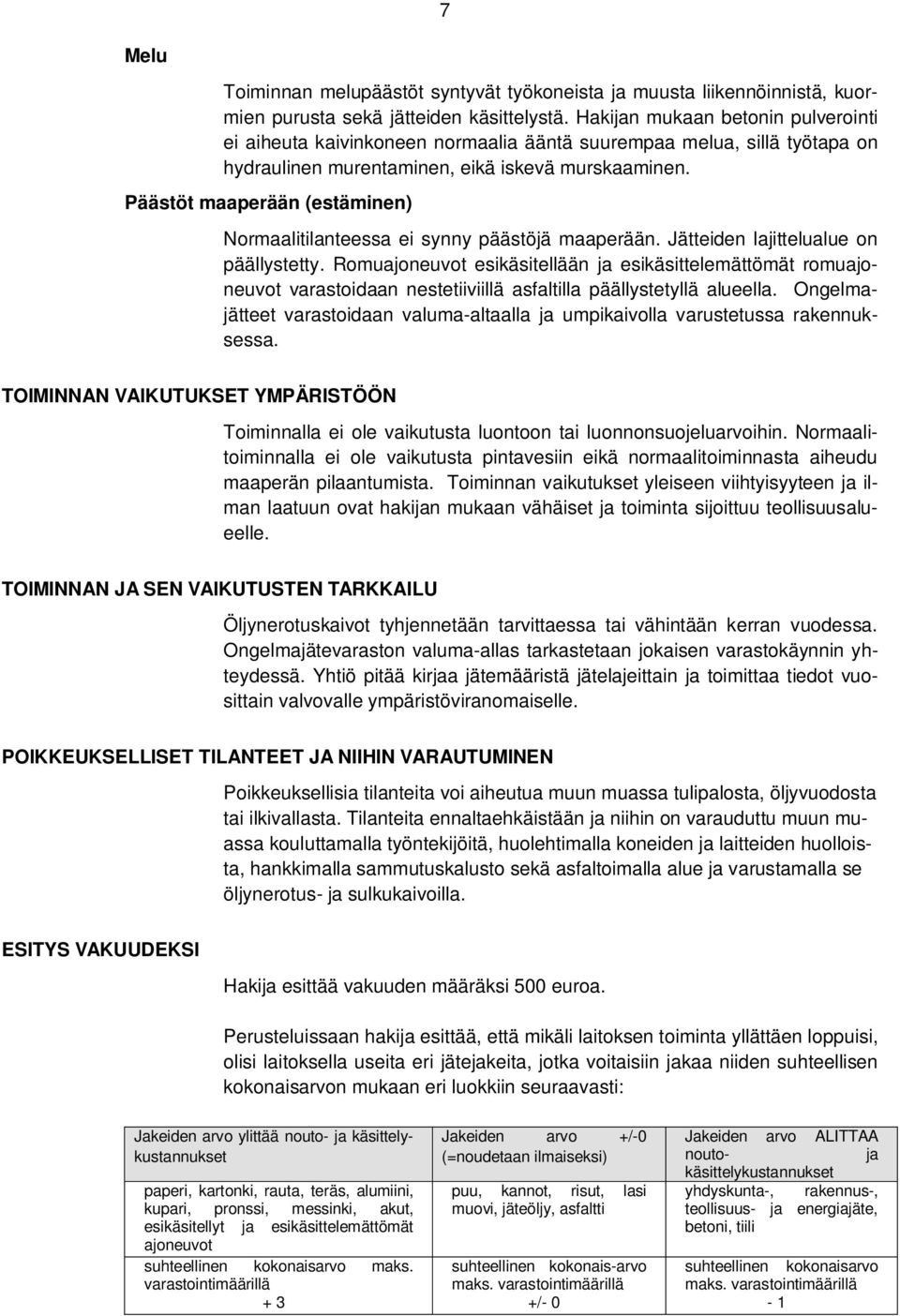 Päästöt maaperään (estäminen) Normaalitilanteessa ei synny päästöjä maaperään. Jätteiden lajittelualue on päällystetty.
