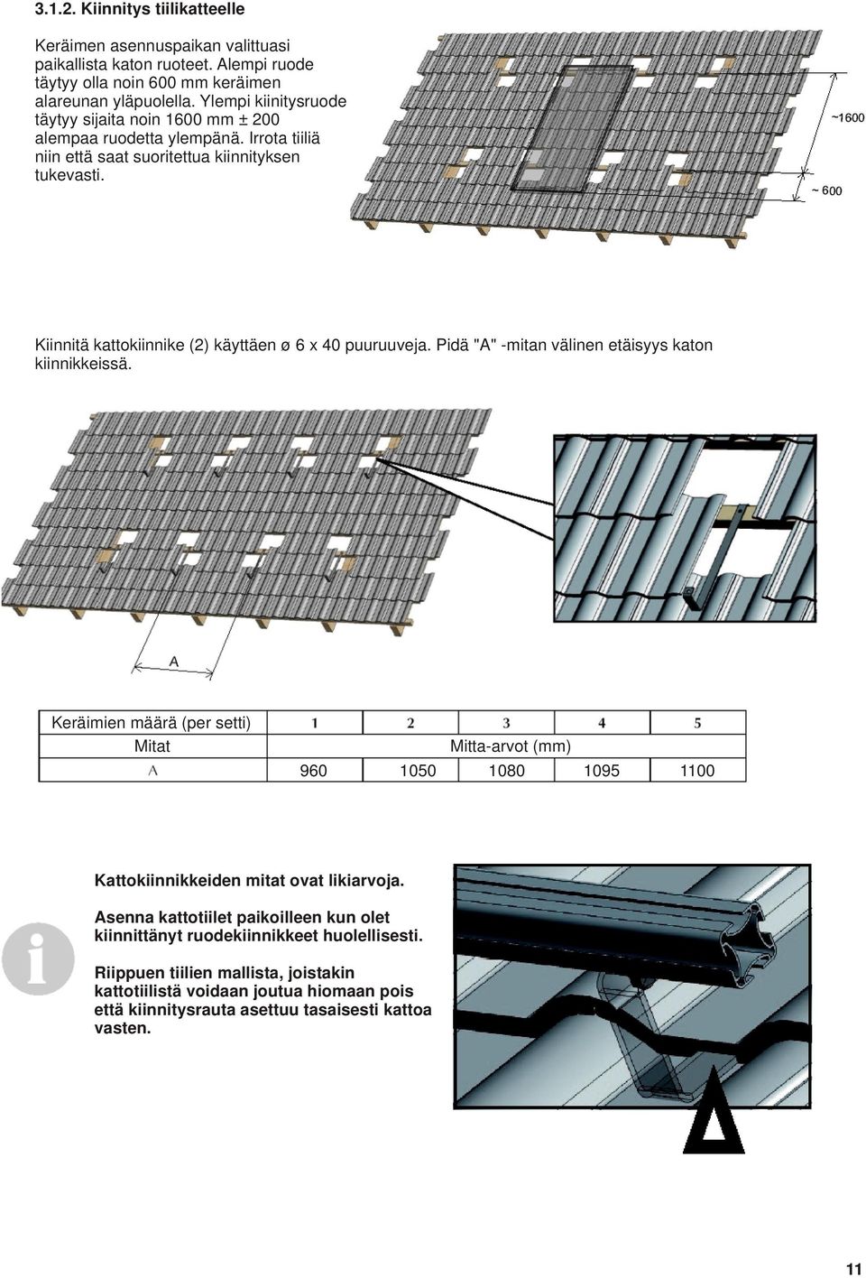 Kiinnitä kattokiinnike (2) käyttäen ø 6 x 40 puuruuveja. Pidä "A" -mitan välinen etäisyys katon kiinnikkeissä.