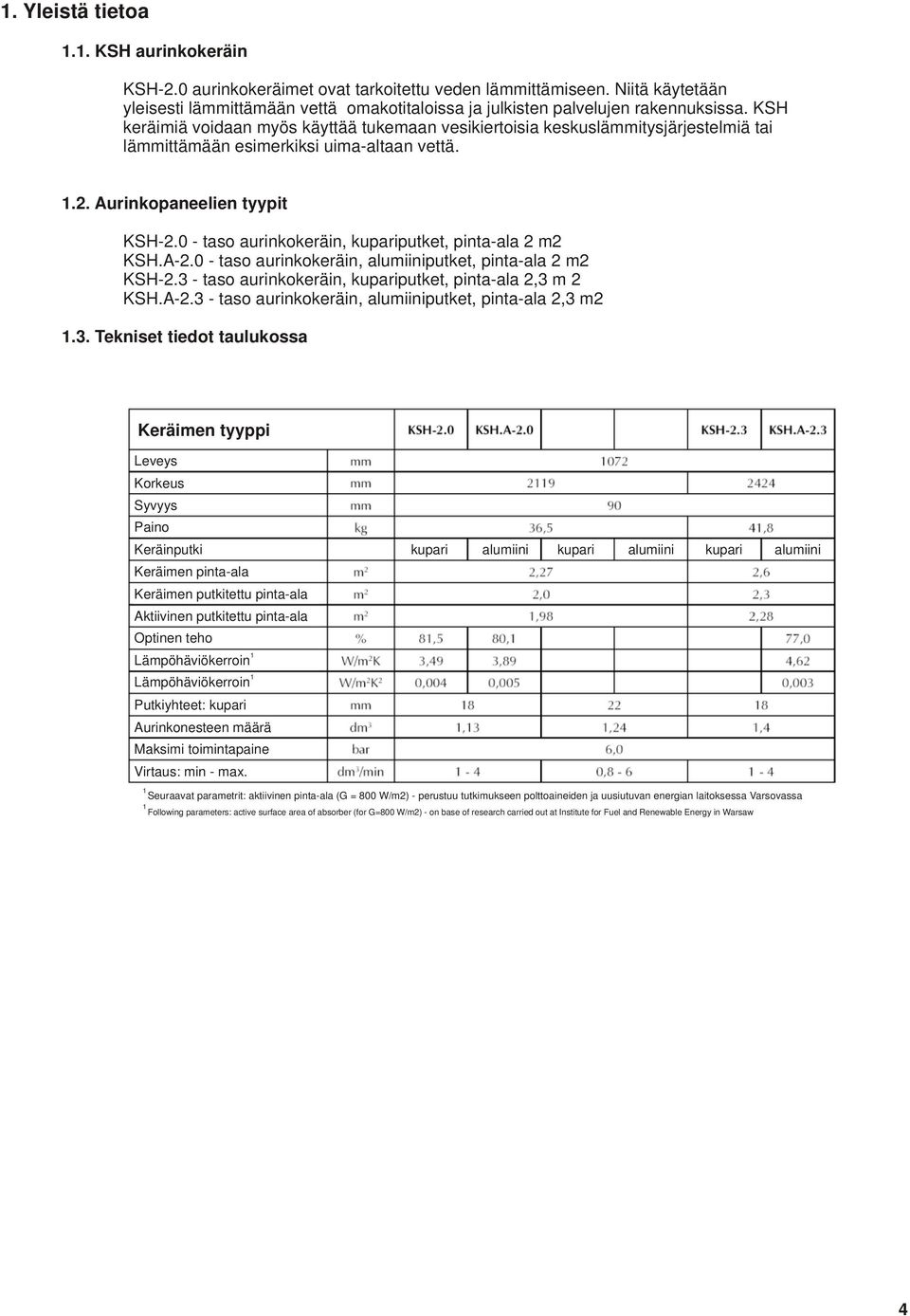 KSH keräimiä voidaan myös käyttää tukemaan vesikiertoisia keskuslämmitysjärjestelmiä tai lämmittämään esimerkiksi uima-altaan vettä. 1.2. Aurinkopaneelien tyypit KSH-2.