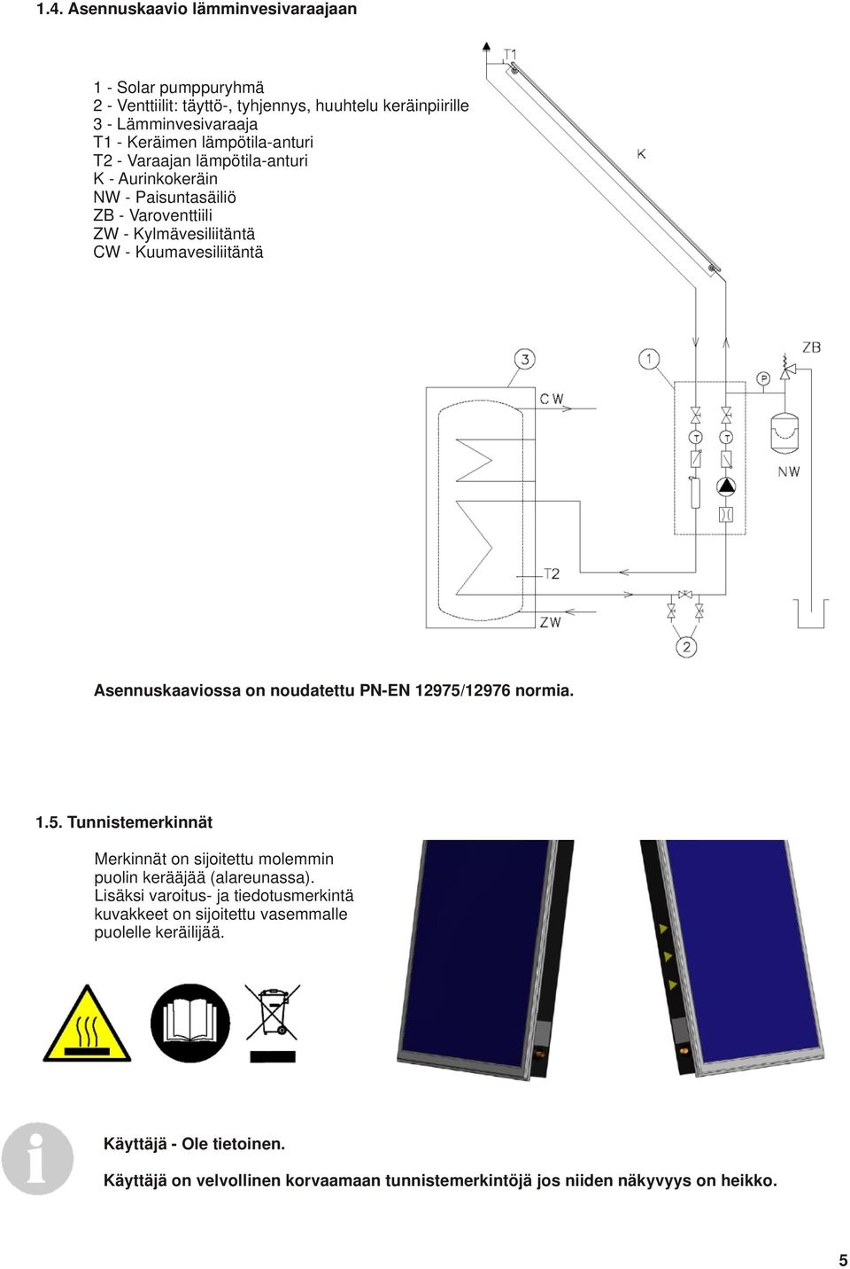 Asennuskaaviossa on noudatettu PN-EN 12975/12976 normia. 1.5. Tunnistemerkinnät Merkinnät on sijoitettu molemmin puolin kerääjää (alareunassa).