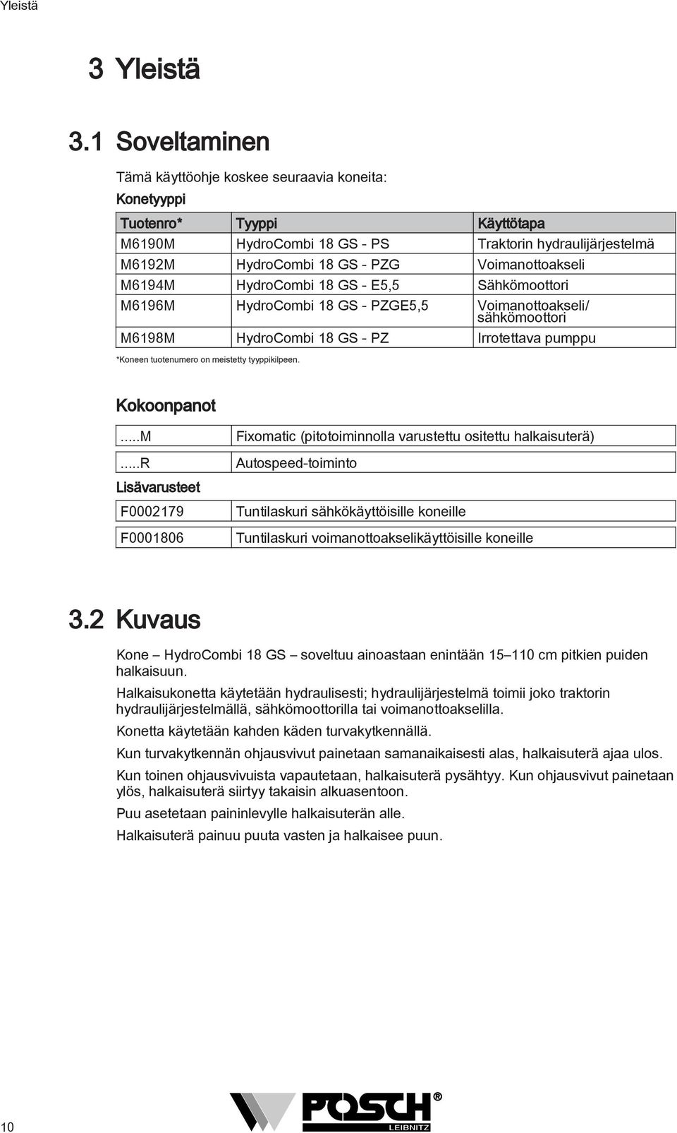 Voimanottoakseli M6194M HydroCombi 18 GS - E5,5 Sähkömoottori M6196M HydroCombi 18 GS - PZGE5,5 Voimanottoakseli/ sähkömoottori M6198M HydroCombi 18 GS - PZ Irrotettava pumppu *Koneen tuotenumero on