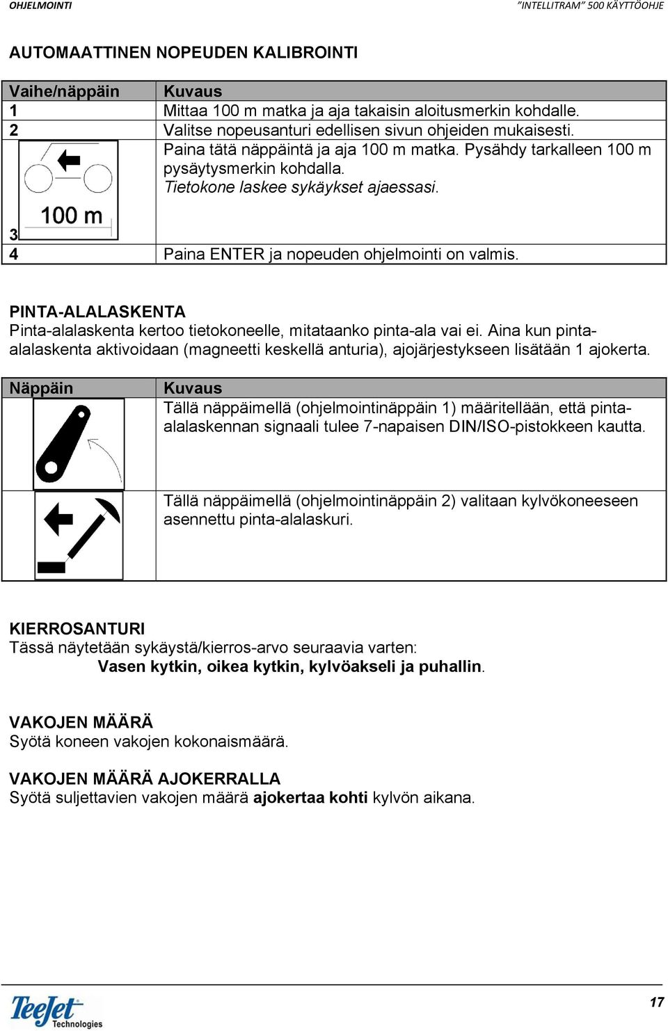 PINTA-ALALASKENTA Pinta-alalaskenta kertoo tietokoneelle, mitataanko pinta-ala vai ei. Aina kun pintaalalaskenta aktivoidaan (magneetti keskellä anturia), ajojärjestykseen lisätään 1 ajokerta.