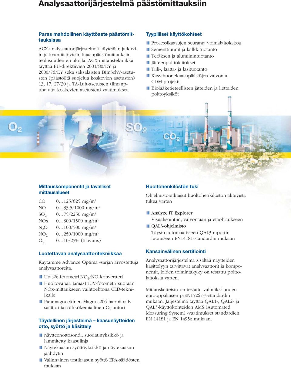 ACX-mittaustekniikka täyttää EU-direktiivien 2001/80/EY ja 2000/76/EY sekä saksalaisten BImSchV-asetusten (päästöiltä suojelua koskevien asetusten) 13, 17, 27/30 ja TA-Luft-asetusten (ilmanpuhtautta