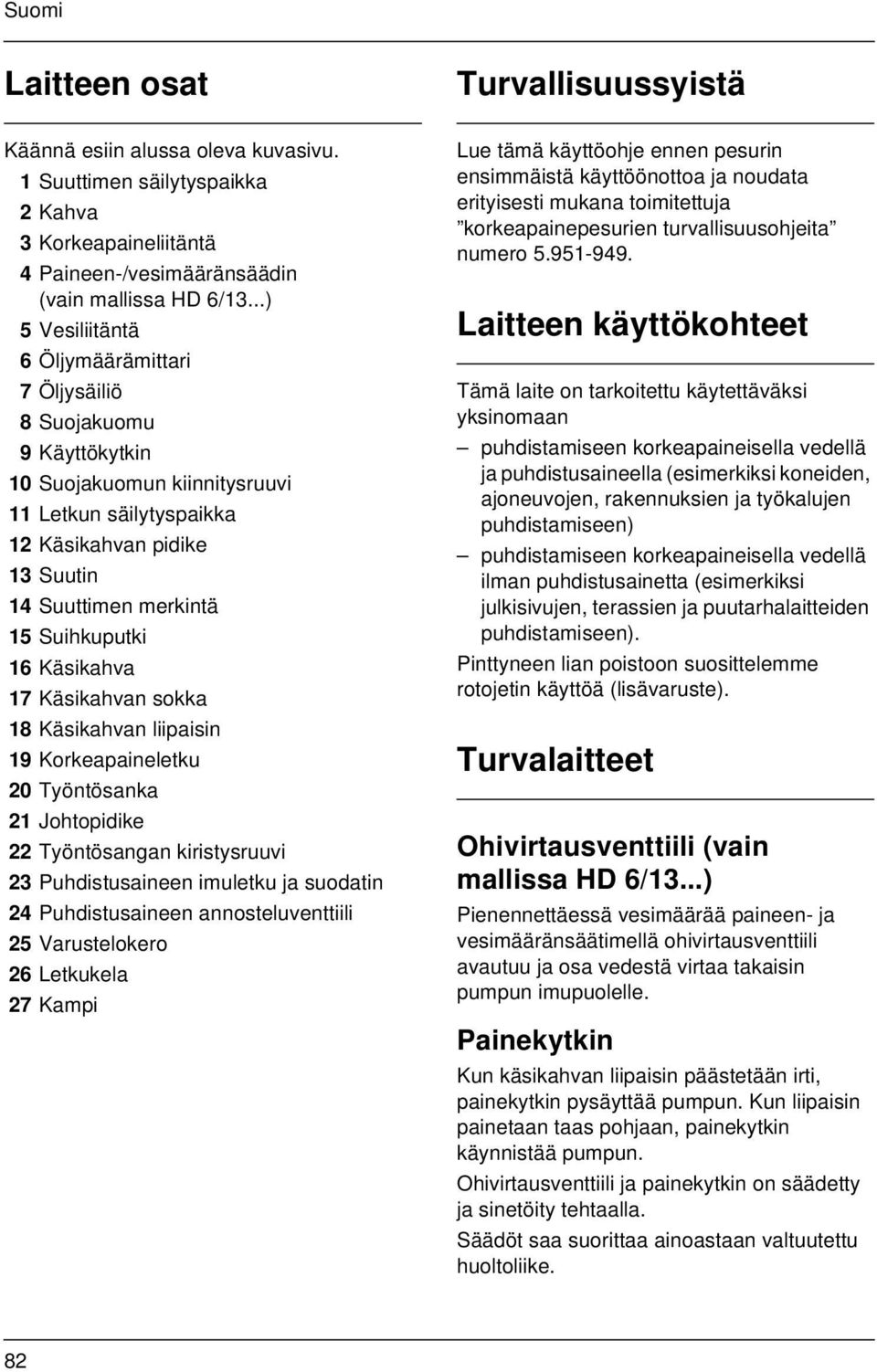 Suihkuputki 16 Käsikahva 17 Käsikahvan sokka 18 Käsikahvan liipaisin 19 Korkeapaineletku 20 Työntösanka 21 Johtopidike 22 Työntösangan kiristysruuvi 23 Puhdistusaineen imuletku ja suodatin 24