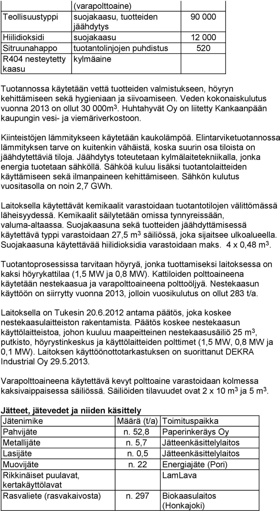 Huhtahyvät Oy on liitetty Kankaanpään kaupungin vesi- ja viemäriverkostoon. Kiinteistöjen lämmitykseen käytetään kaukolämpöä.