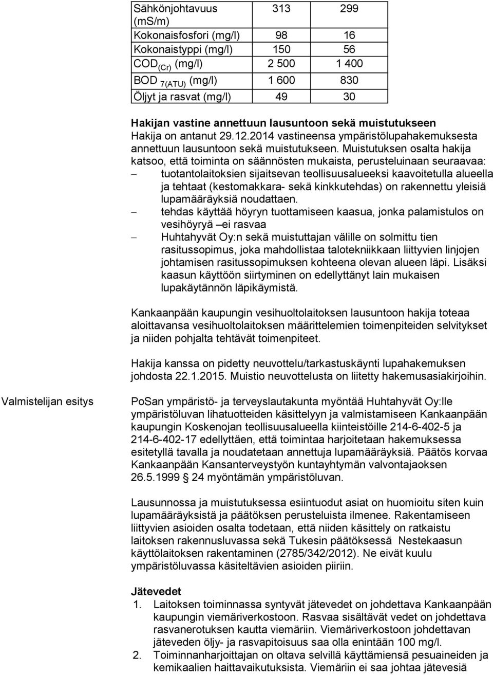 Muistutuksen osalta hakija katsoo, että toiminta on säännösten mukaista, perusteluinaan seuraavaa: tuotantolaitoksien sijaitsevan teollisuusalueeksi kaavoitetulla alueella ja tehtaat (kestomakkara-