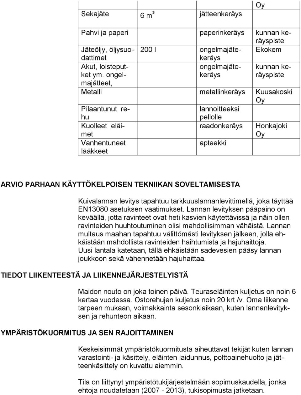 apteekki Honkajoki Oy ARVIO PARHAAN KÄYTTÖKELPOISEN TEKNIIKAN SOVELTAMISESTA Kuivalannan levitys tapahtuu tarkkuuslannanlevittimellä, joka täyttää EN13080 asetuksen vaatimukset.