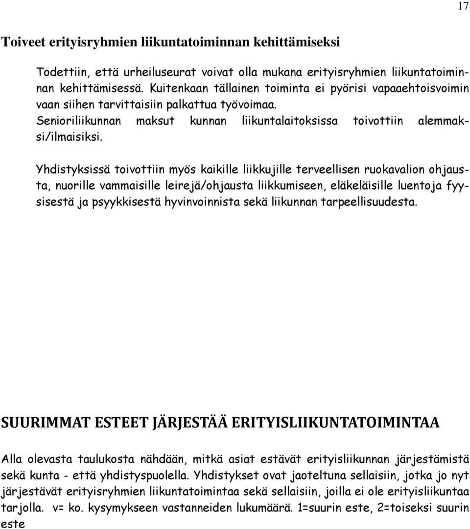 Yhdistyksissä toivottiin myös kaikille liikkujille terveellisen ruokavalion ohjausta, nuorille vammaisille leirejä/ohjausta liikkumiseen, eläkeläisille luentoja fyysisestä ja psyykkisestä