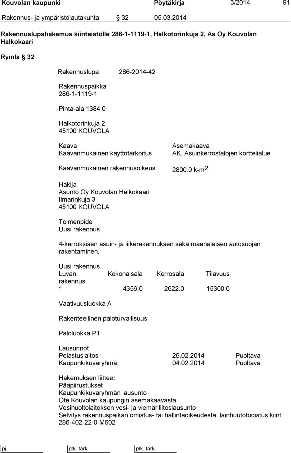 0 Halkotorinkuja 2 45100 KOUVOLA Kaava Kaavanmukainen käyttötarkoitus Asemakaava AK, Asuinkerrostalojen korttelialue Kaavanmukainen rakennusoikeus 2800.