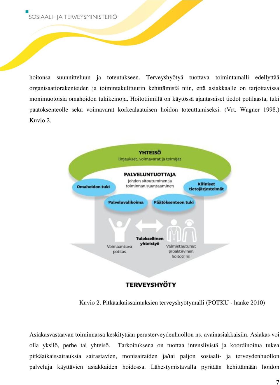 Hoitotiimillä on käytössä ajantasaiset tiedot potilaasta, tuki päätöksenteolle sekä voimavarat korkealaatuisen hoidon toteuttamiseksi. (Vrt. Wagner 1998.) Kuvio 2.