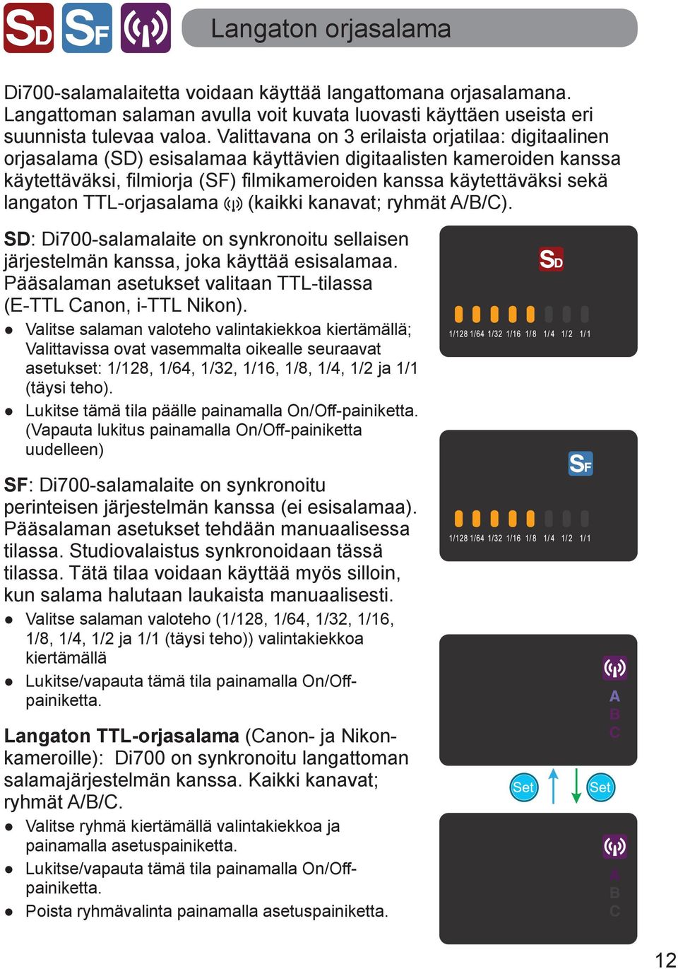 langaton TTL-orjasalama (kaikki kanavat; ryhmät A/B/C). SD: Di700-salamalaite on synkronoitu sellaisen järjestelmän kanssa, joka käyttää esisalamaa.
