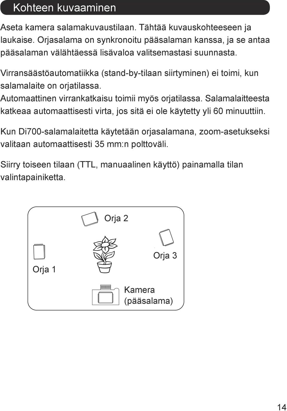 Virransäästöautomatiikka (stand-by-tilaan siirtyminen) ei toimi, kun salamalaite on orjatilassa. Automaattinen virrankatkaisu toimii myös orjatilassa.