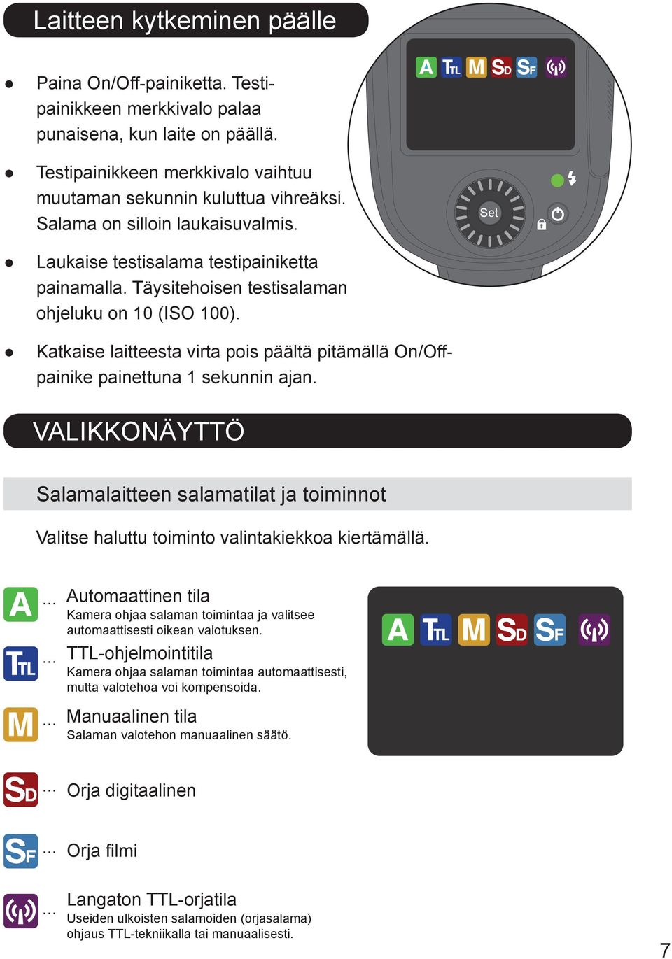 Katkaise laitteesta virta pois päältä pitämällä On/Offpainike painettuna 1 sekunnin ajan. Set VALIKKONÄYTTÖ Salamalaitteen salamatilat ja toiminnot Valitse haluttu toiminto valintakiekkoa kiertämällä.