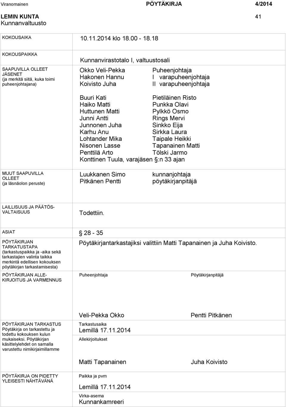 Juha II varapuheenjohtaja Buuri Kati Pietiläinen Risto Haiko Matti Punkka Olavi Huttunen Matti Pylkkö Osmo Junni Antti Rings Mervi Junnonen Juha Sinkko Eija Karhu Anu Sirkka Laura Lohtander Mika