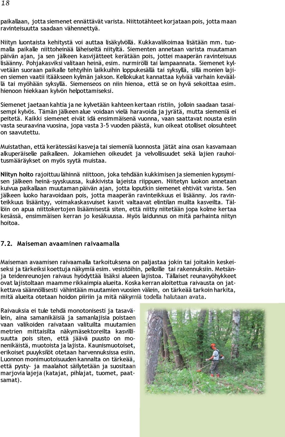Siementen annetaan varista muutaman päivän ajan, ja sen jälkeen kasvijätteet kerätään pois, jottei maaperän ravinteisuus lisäänny. Pohjakasviksi valitaan heinä, esim. nurmirölli tai lampaannata.