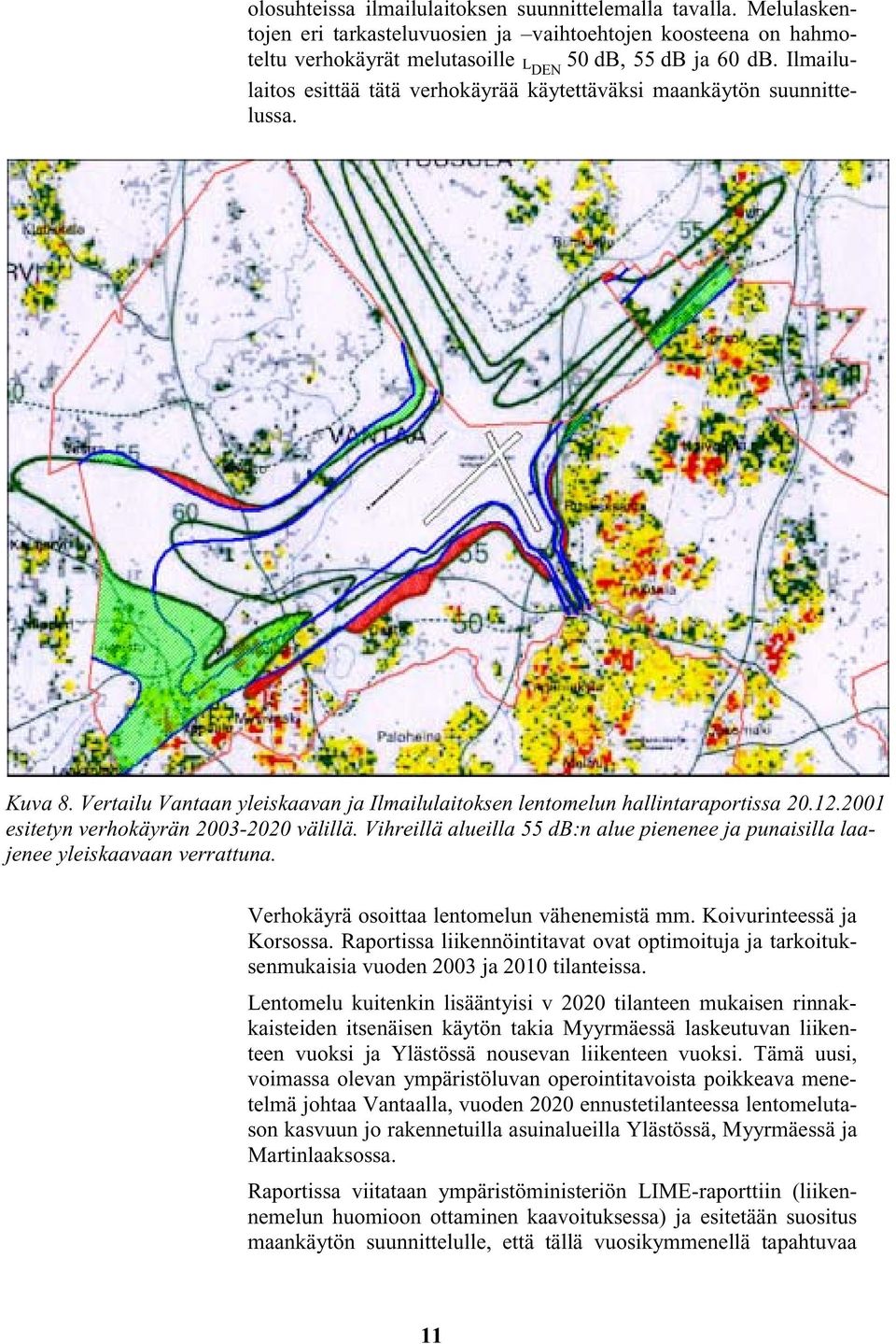 2001 esitetyn verhokäyrän 2003-2020 välillä. Vihreillä alueilla 55 db:n alue pienenee ja punaisilla laajenee yleiskaavaan verrattuna. Verhokäyrä osoittaa lentomelun vähenemistä mm.