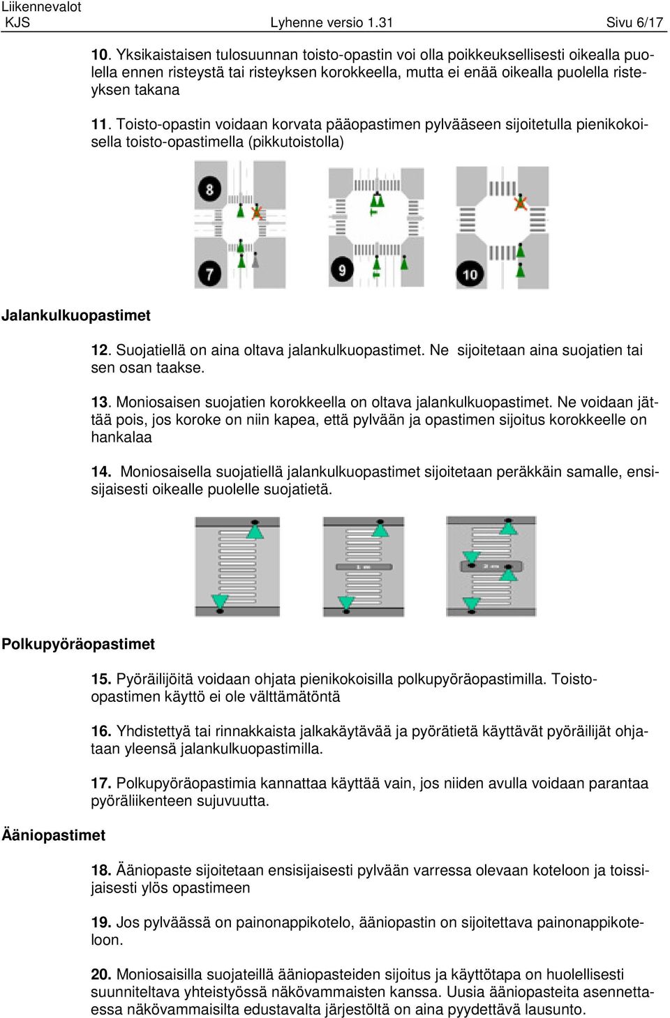 Toisto-opastin voidaan korvata pääopastimen pylvääseen sijoitetulla pienikokoisella toisto-opastimella (pikkutoistolla) Jalankulkuopastimet 12. Suojatiellä on aina oltava jalankulkuopastimet.