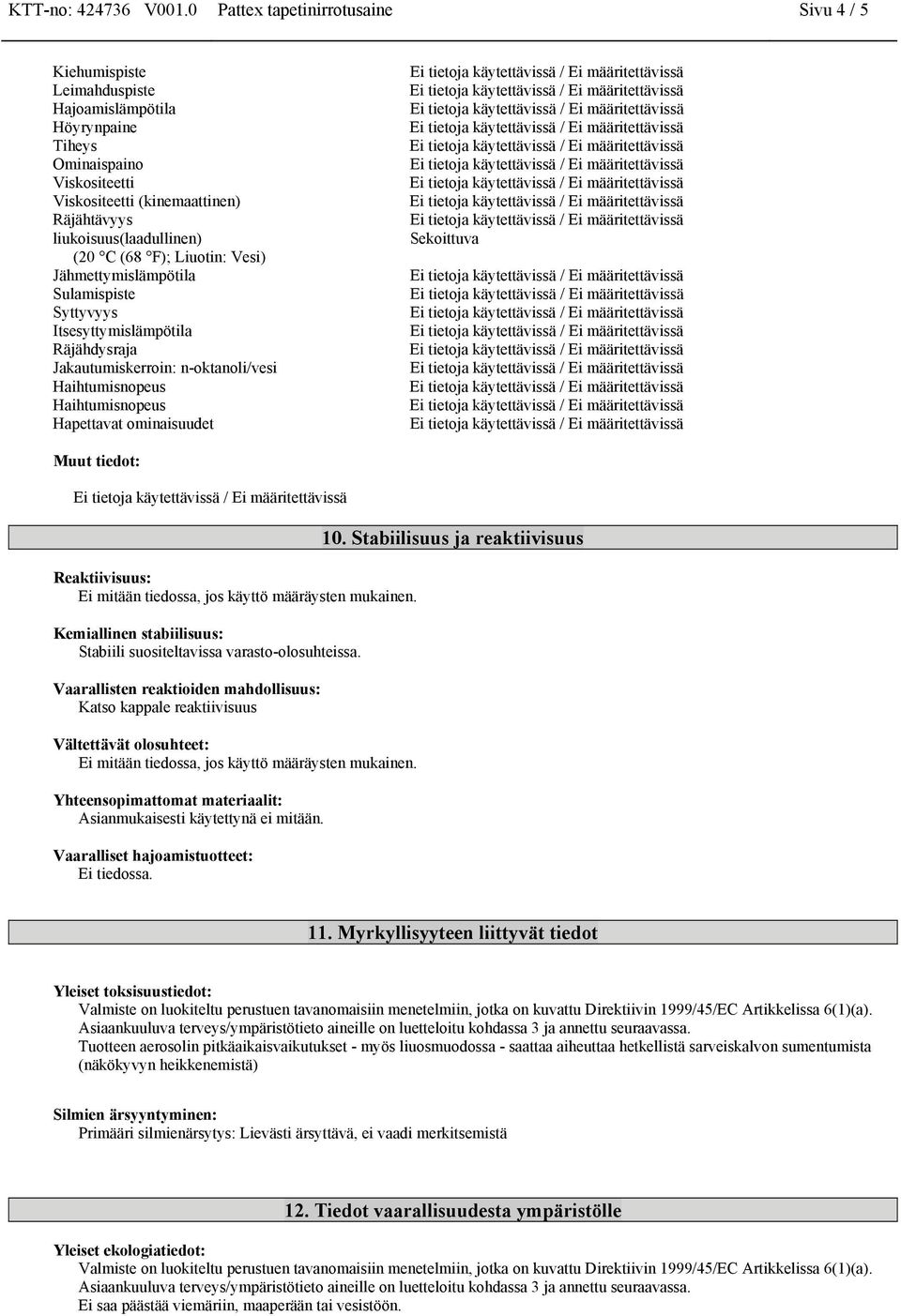 (20 C (68 F); Liuotin: Vesi) Jähmettymislämpötila Sulamispiste Syttyvyys Itsesyttymislämpötila Räjähdysraja Jakautumiskerroin: n-oktanoli/vesi Haihtumisnopeus Haihtumisnopeus Hapettavat ominaisuudet