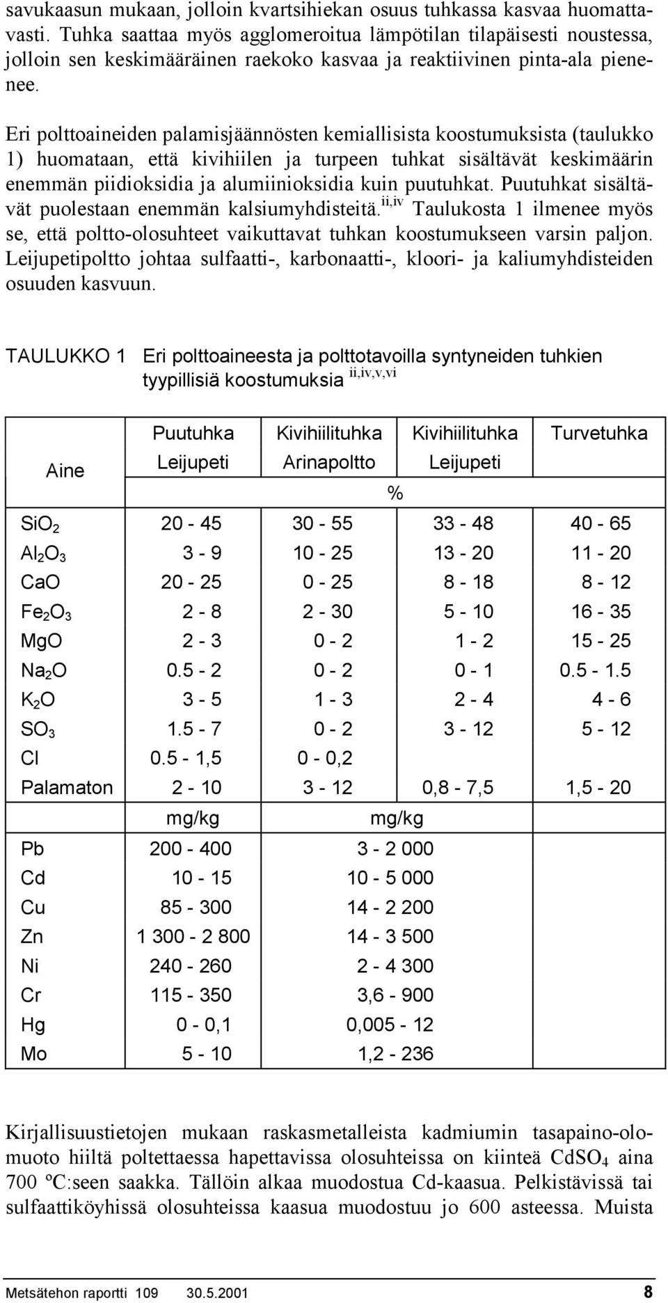 Eri polttoaineiden palamisjäännösten kemiallisista koostumuksista (taulukko 1) huomataan, että kivihiilen ja turpeen tuhkat sisältävät keskimäärin enemmän piidioksidia ja alumiinioksidia kuin