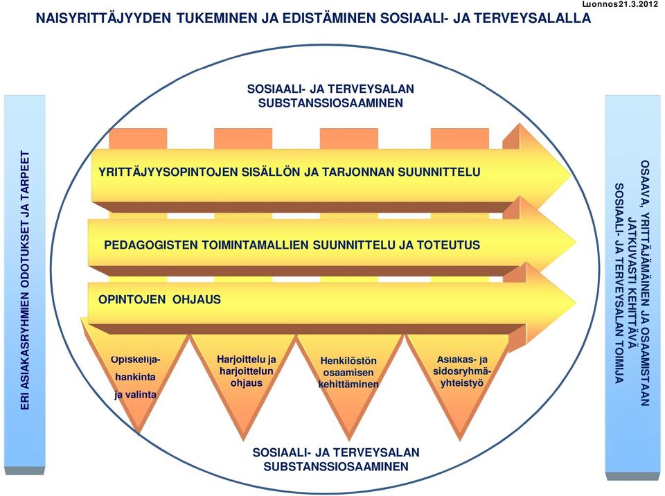 SUUNNITTELU PEDAGOGISTEN TOIMINTAMALLIEN SUUNNITTELU JA TOTEUTUS OPINTOJEN OHJAUS Asiakas- ja sidosryhmäyhteistyö Opiskelijahankinta ja