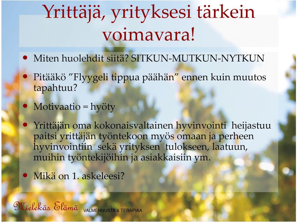 Motivaatio = hyöty Yrittäjän oma kokonaisvaltainen hyvinvointi heijastuu paitsi yrittäjän