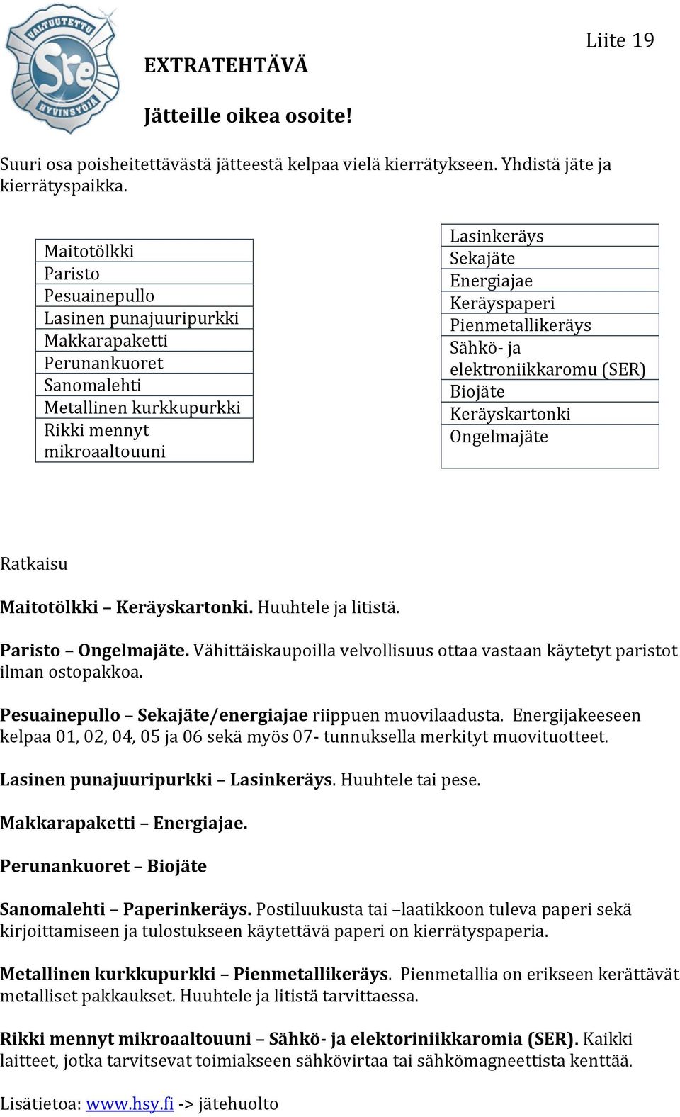 Pienmetallikeräys Sähkö- ja elektroniikkaromu (SER) Biojäte Keräyskartonki Ongelmajäte Ratkaisu Maitotölkki Keräyskartonki. Huuhtele ja litistä. Paristo Ongelmajäte.