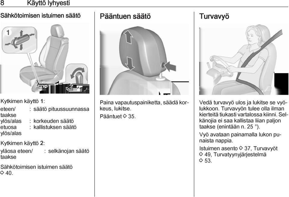 Paina vapautuspainiketta, säädä korkeus, lukitse. Pääntuet 3 35. Vedä turvavyö ulos ja lukitse se vyölukkoon.