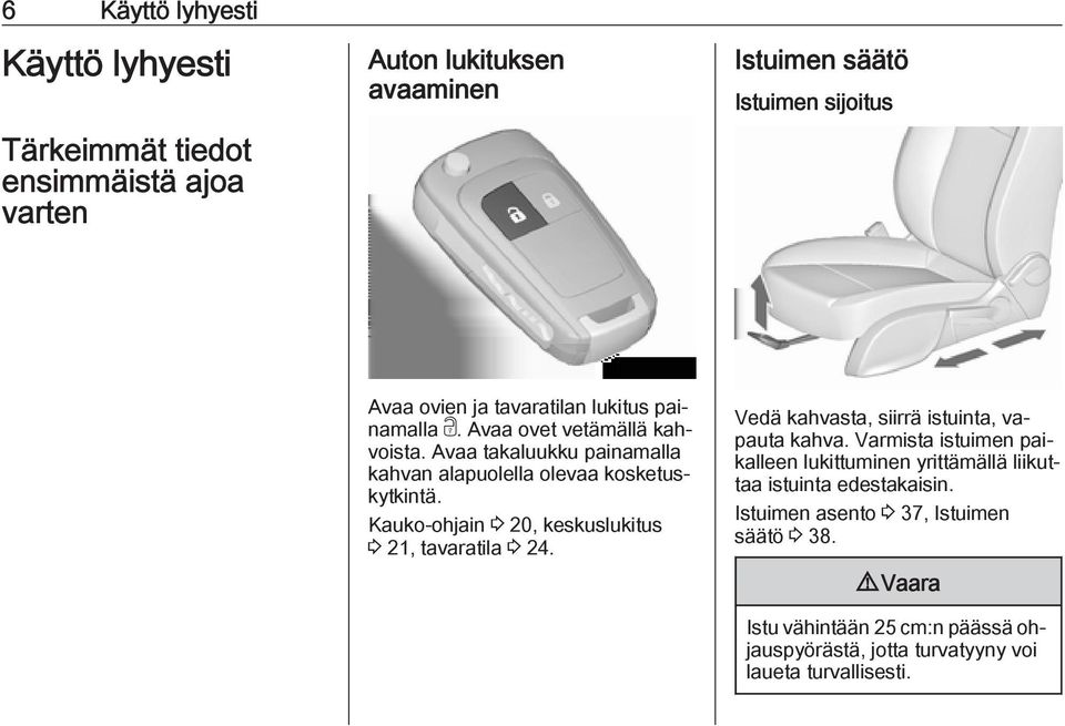 Kauko-ohjain 3 20, keskuslukitus 3 21, tavaratila 3 24. Vedä kahvasta, siirrä istuinta, vapauta kahva.