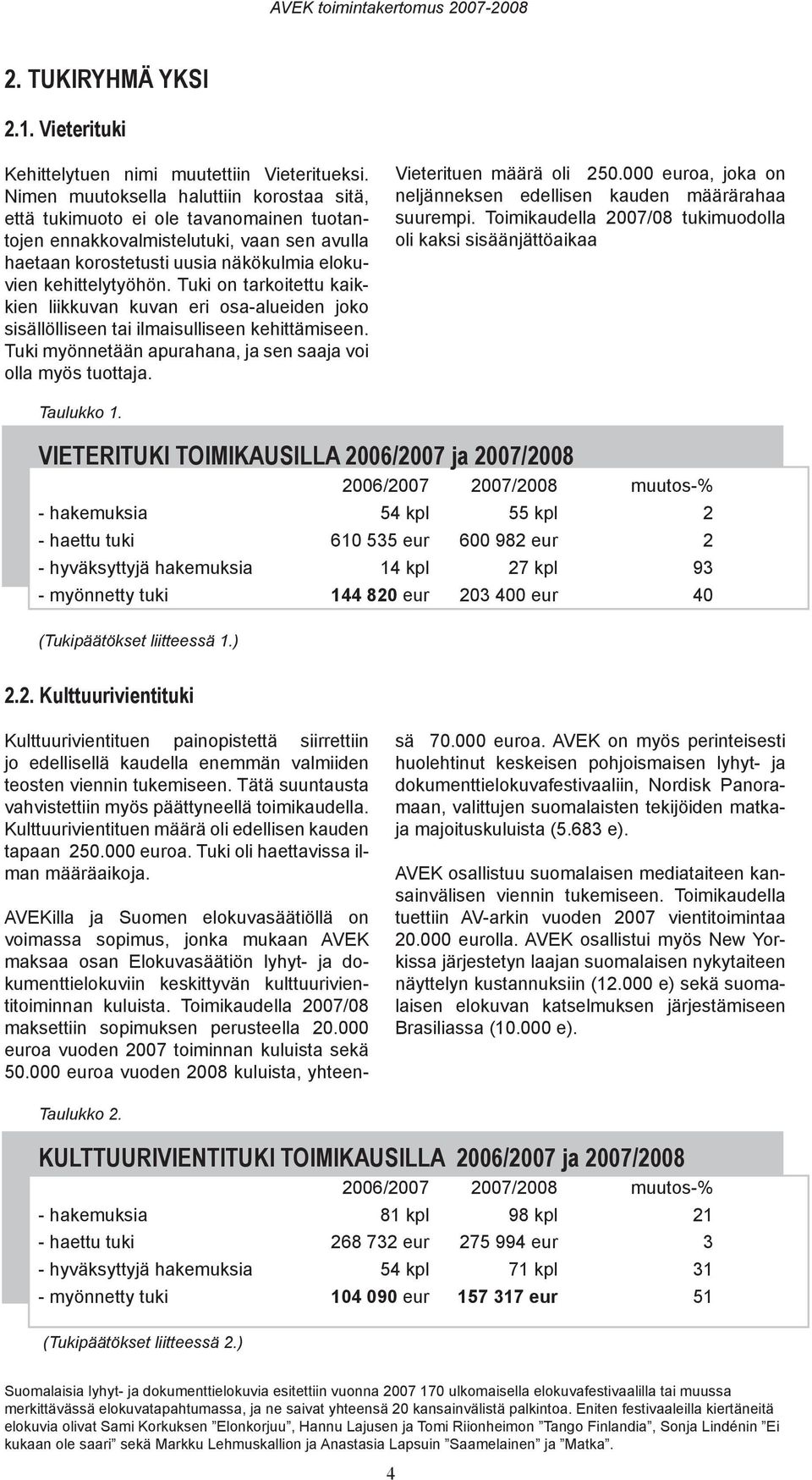 Tuki on tarkoitettu kaikkien liikkuvan kuvan eri osa-alueiden joko sisällölliseen tai ilmaisulliseen kehittämiseen. Tuki myönnetään apurahana, ja sen saaja voi olla myös tuottaja.
