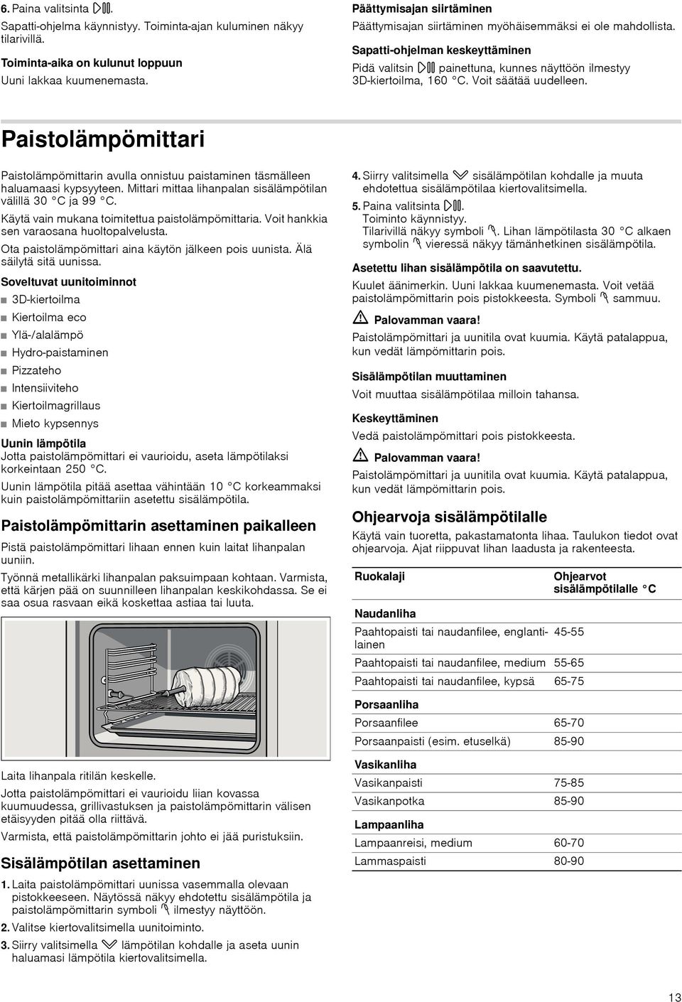 Voit säätää uudelleen. Paistolämpömittari Paistolämpömittarin avulla onnistuu paistaminen täsmälleen haluamaasi kypsyyteen. Mittari mittaa lihanpalan sisälämpötilan välillä 30 C ja 99 C.