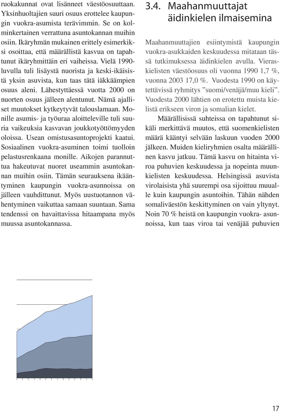 Vielä 1990- luvulla tuli lisäystä nuorista ja keski-ikäisistä yksin asuvista, kun taas tätä iäkkäämpien osuus aleni. Lähestyttäessä vuotta 2000 on nuorten osuus jälleen alentunut.