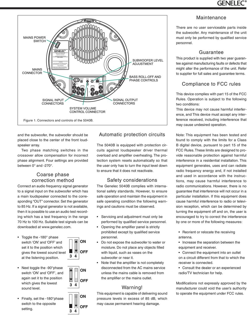 Compliance to FCC rules Figure 1. Connectors and controls of the. and the subwoofer, the subwoofer should be placed close to the center of the front loudspeaker array.