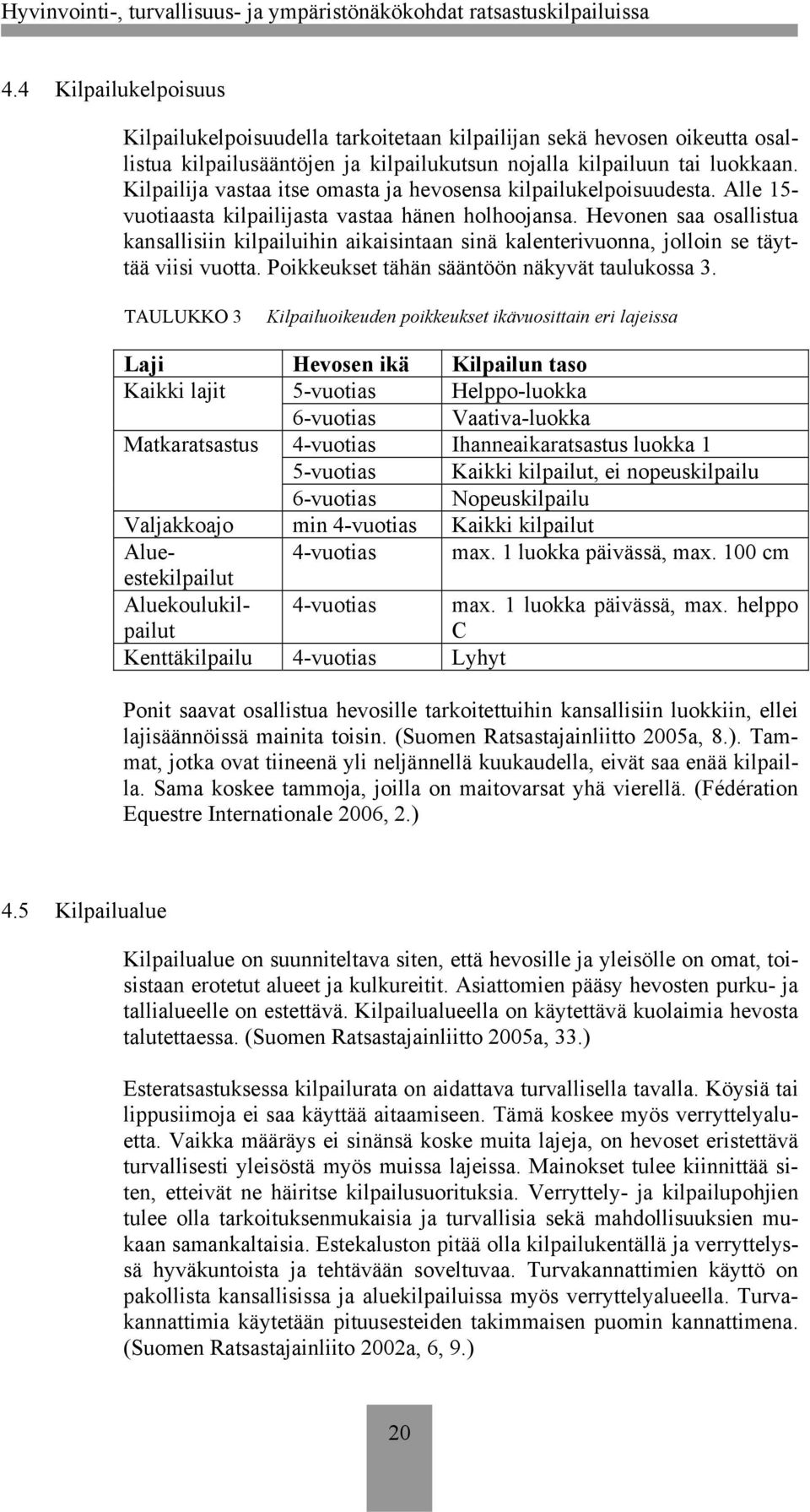 Hevonen saa osallistua kansallisiin kilpailuihin aikaisintaan sinä kalenterivuonna, jolloin se täyttää viisi vuotta. Poikkeukset tähän sääntöön näkyvät taulukossa 3.