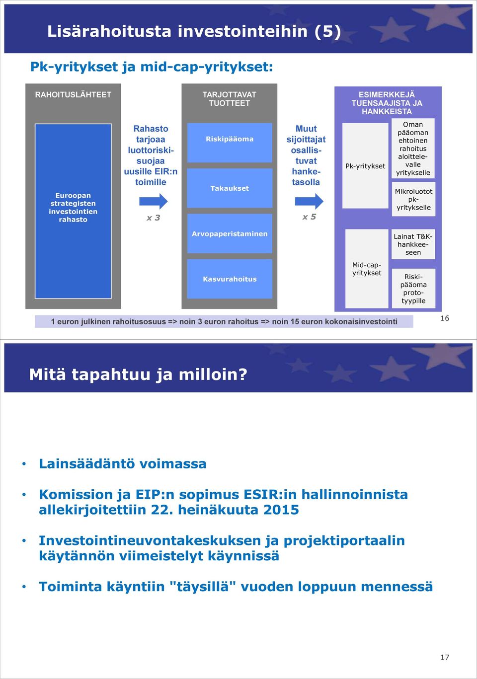 Arvopaperistaminen Kasvurahoitus Mikroluotot pkyritykselle Mid-capyritykset Lainat T&Khankkeeseen Riskipääoma prototyypille 1 euron julkinen rahoitusosuus => noin 3 euron rahoitus => noin 15 euron