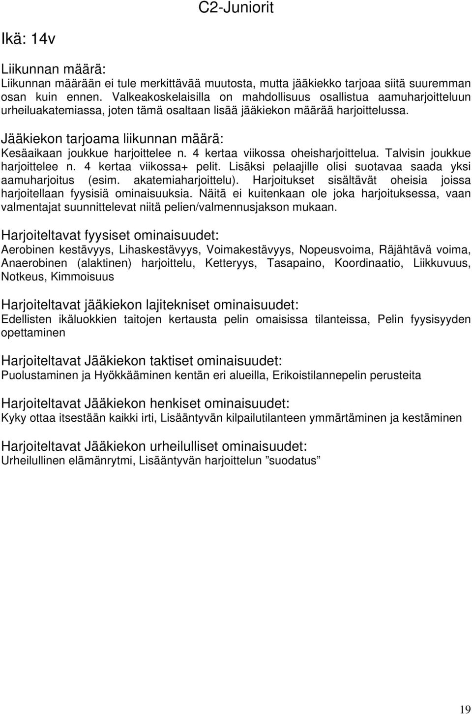 Jääkiekon tarjoama liikunnan määrä: Kesäaikaan joukkue harjoittelee n. 4 kertaa viikossa oheisharjoittelua. Talvisin joukkue harjoittelee n. 4 kertaa viikossa+ pelit.