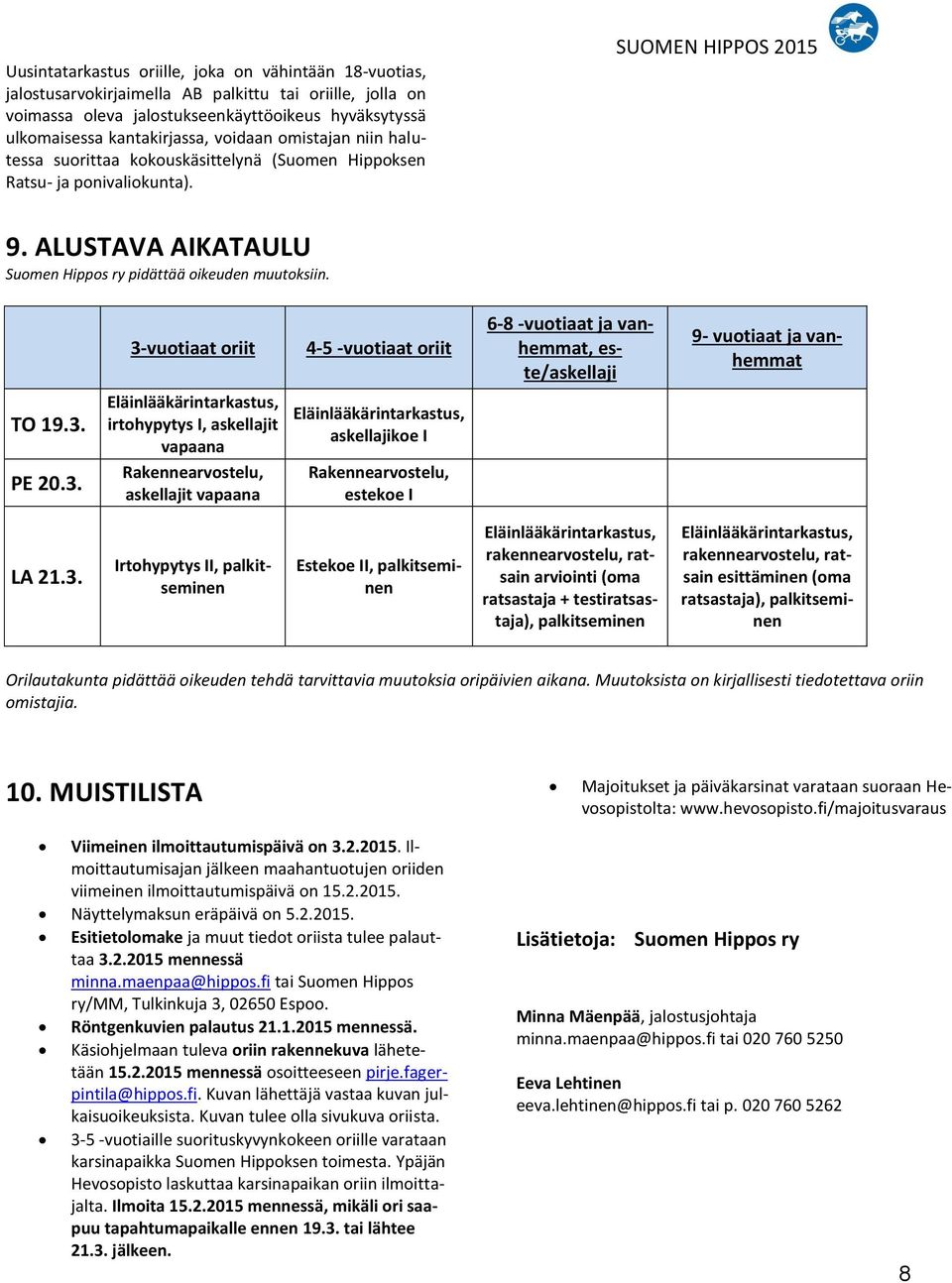 3-vuotiaat oriit 4-5 -vuotiaat oriit 6-8 -vuotiaat ja vanhemmat, este/askellaji 9- vuotiaat ja vanhemmat TO 19.3. PE 20.3. Eläinlääkärintarkastus, irtohypytys I, askellajit vapaana Rakennearvostelu, askellajit vapaana Eläinlääkärintarkastus, askellajikoe I Rakennearvostelu, estekoe I LA 21.