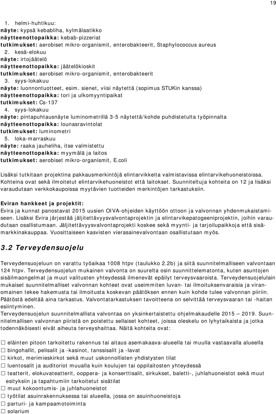 sienet, viisi näytettä (sopimus STUKin kanssa) näytteenottopaikka: tori ja ulkomyyntipaikat tutkimukset: Cs-137 4.