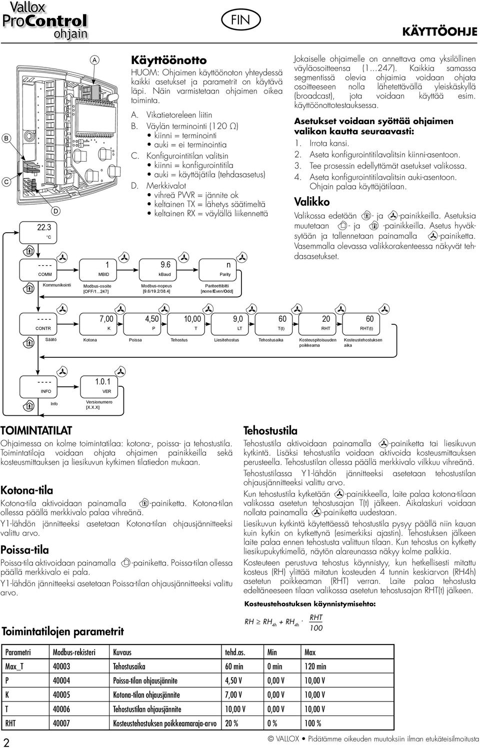 Merkkivalot vihreä PWR = jännite ok keltainen TX = lähetys säätimeltä keltainen RX = väylällä liikennettä 9.6 kbaud n Parity Jokaiselle ohjaimelle on annettava oma yksilöllinen väyläosoitteensa (1.