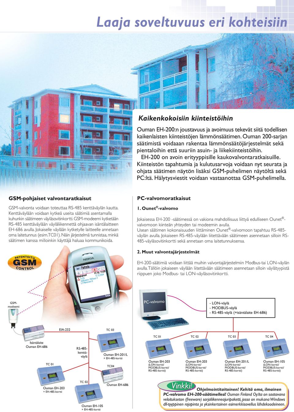 Kiinteistön tapahtumia ja kulutusarvoja voidaan nyt seurata ja ohjata säätimen näytön lisäksi GSM-puhelimen näytöltä sekä PC:ltä. Hälytysviestit voidaan vastaanottaa GSM-puhelimella.