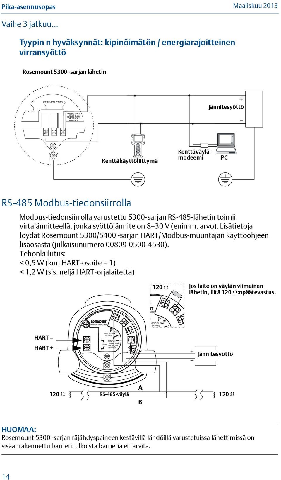 Modbus-tiedonsiirrolla varustettu 5300-sarjan RS-485-lähetin toimii virtajännitteellä, jonka syöttöjännite on 8 30 V (enimm. arvo).