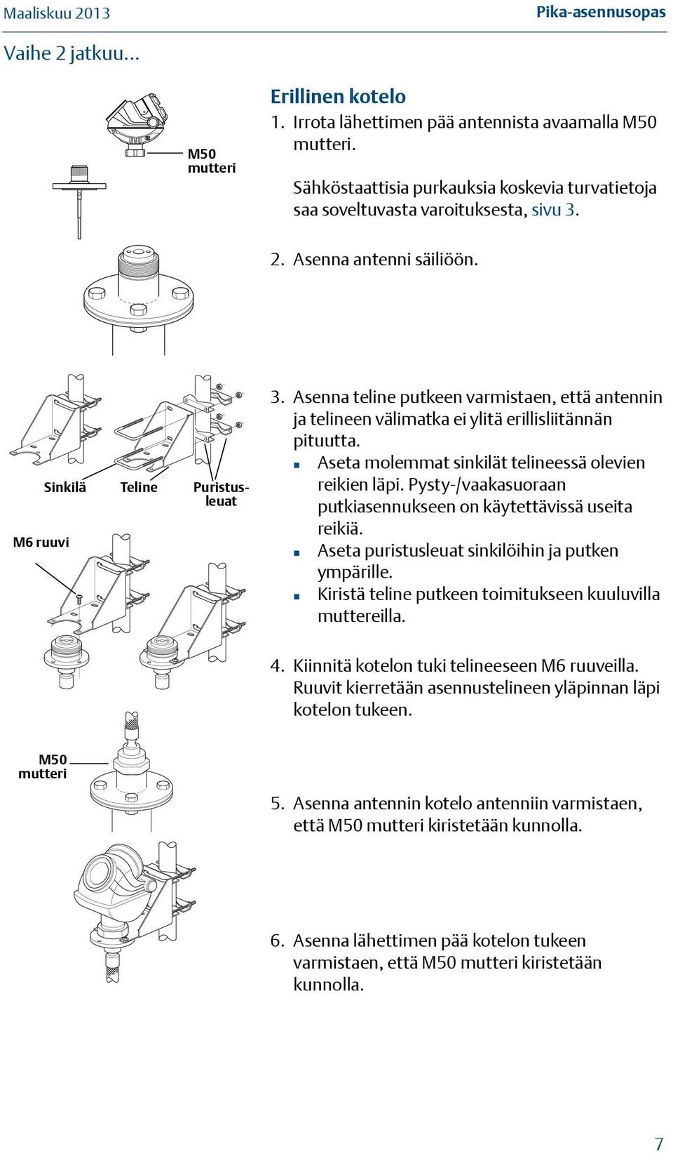 Asenna teline putkeen varmistaen, että antennin ja telineen välimatka ei ylitä erillisliitännän pituutta. Aseta molemmat sinkilät telineessä olevien reikien läpi.