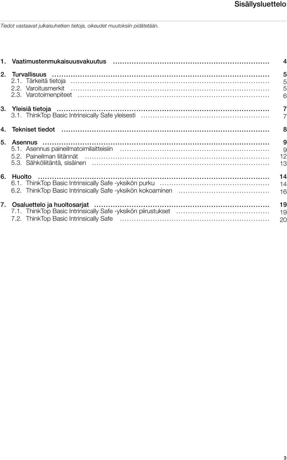 .. 9 5.2. Paineilman liitännät... 12 5.3. Sähköliitäntä, sisäinen... 13 6. Huolto... 14 6.1. ThinkTop Basic Intrinsically Safe -yksikön purku... 14 6.2. ThinkTop Basic Intrinsically Safe -yksikön kokoaminen.