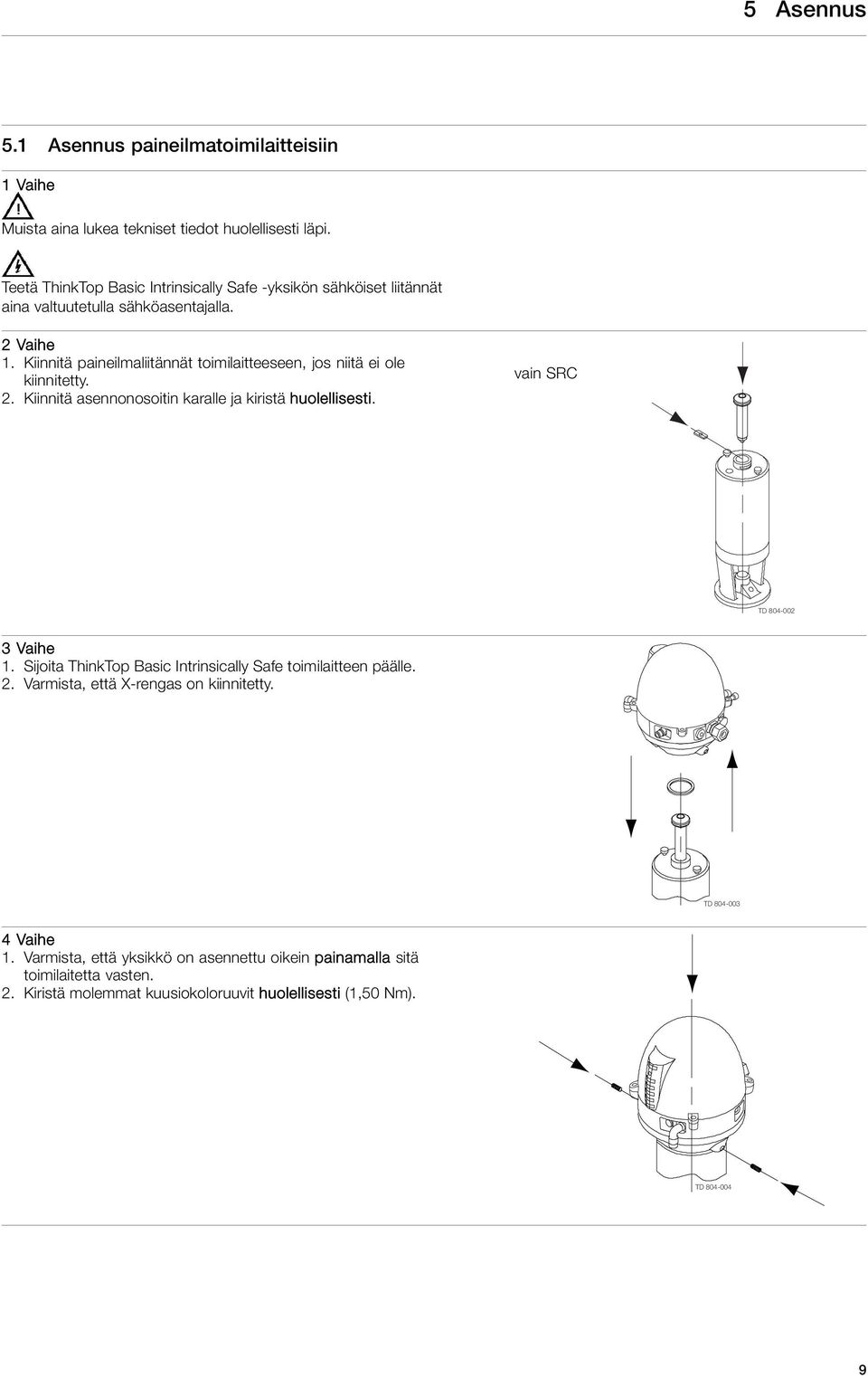 Kiinnitä paineilmaliitännät toimilaitteeseen, jos niitä ei ole kiinnitetty. 2. Kiinnitä asennonosoitin karalle ja kiristä huolellisesti. vain SRC TD 804-002 3Vaihe 1.