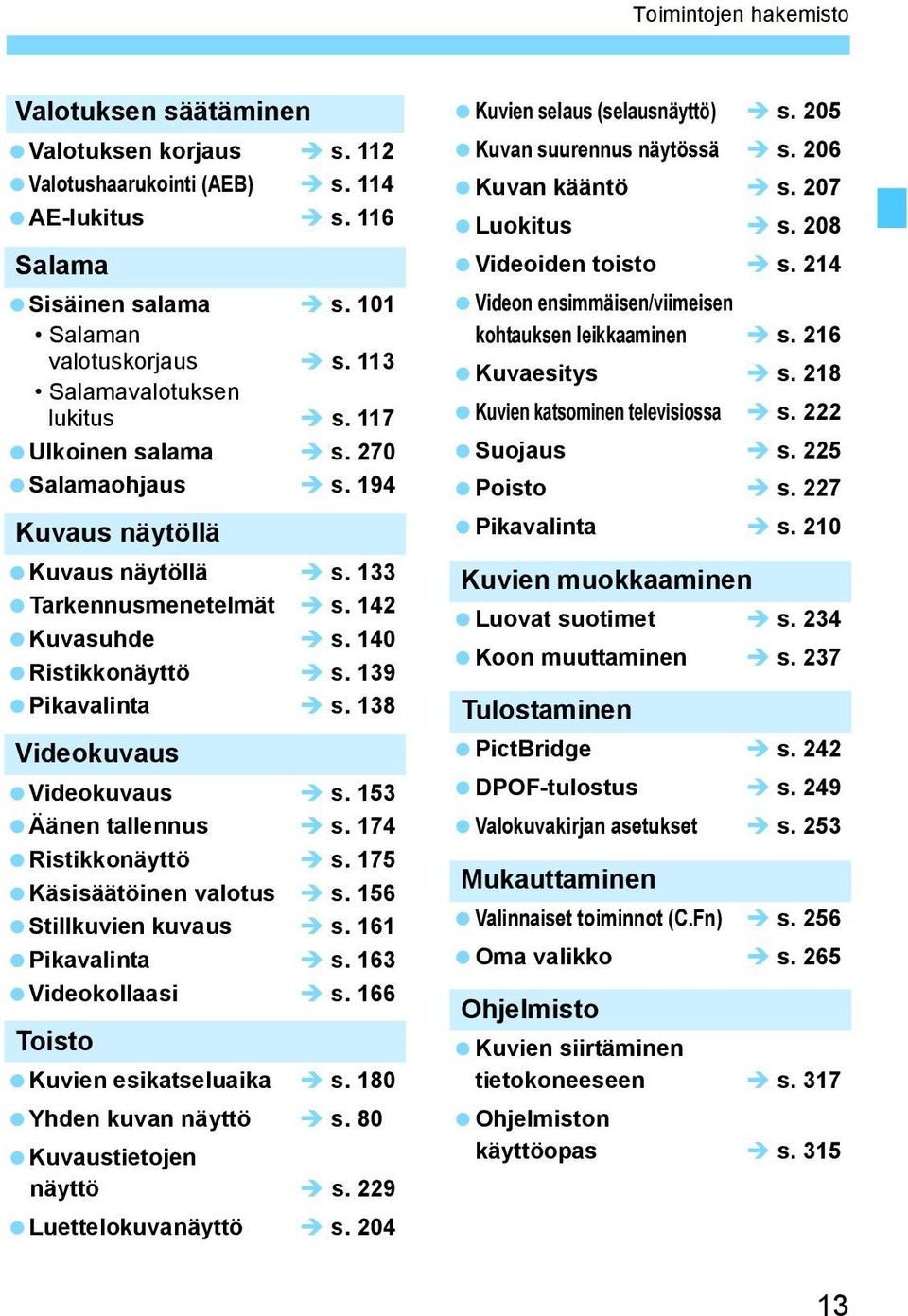 138 Videokuvaus Videokuvaus s. 153 Äänen tallennus s. 174 Ristikkonäyttö s. 175 Käsisäätöinen valotus s. 156 Stillkuvien kuvaus s. 161 Pikavalinta s. 163 Videokollaasi s.