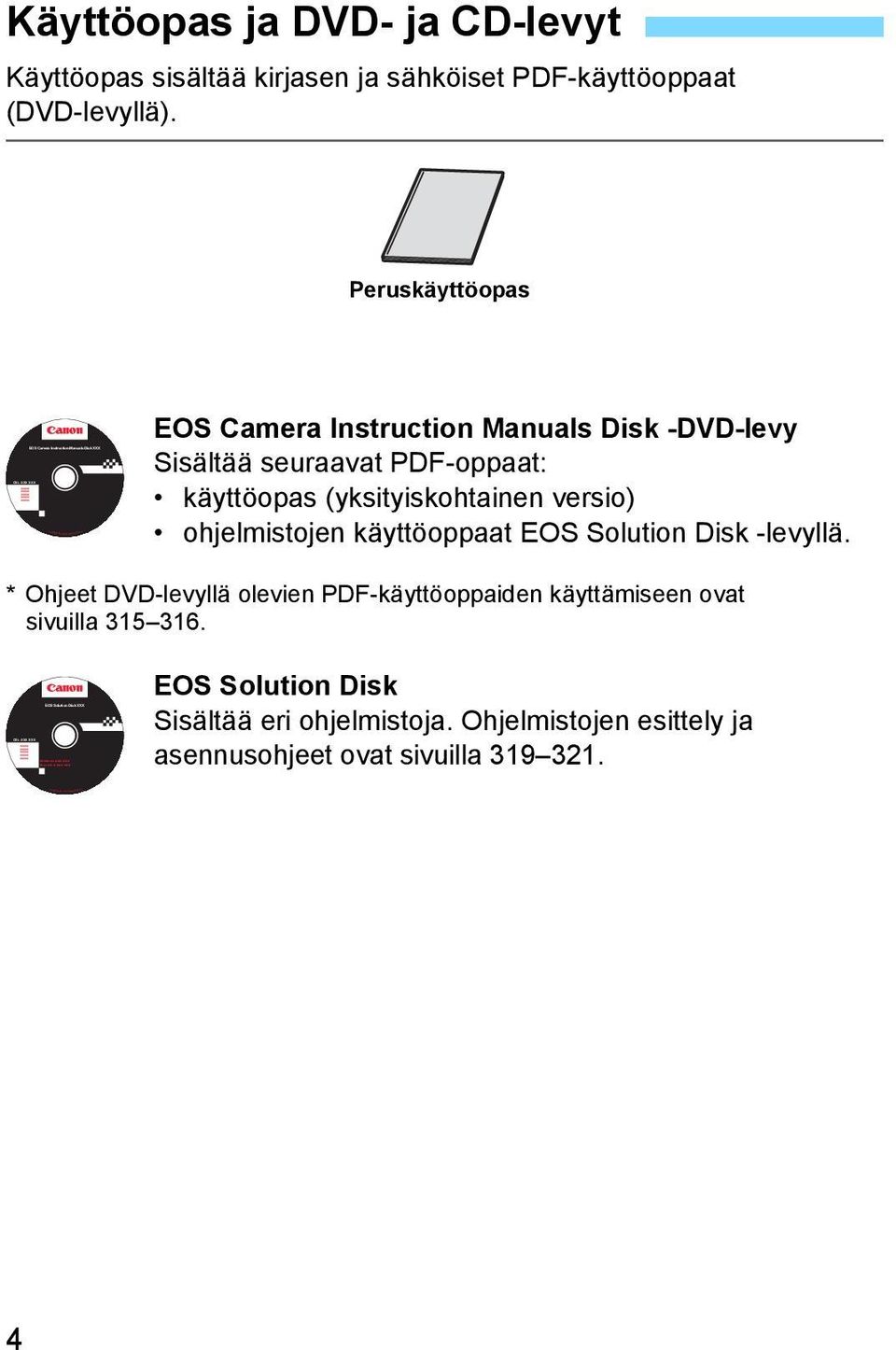 Käyttöopas ja DVD- ja CD-levyt Käyttöopas sisältää kirjasen ja sähköiset PDF-käyttöoppaat (DVD-levyllä).