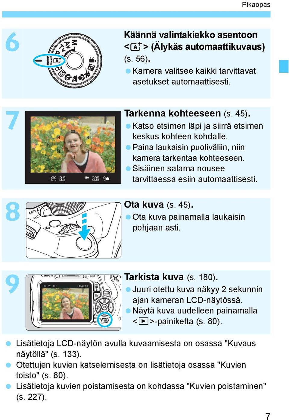 45). Ota kuva painamalla laukaisin pohjaan asti. Tarkista kuva (s. 180). Juuri otettu kuva näkyy 2 sekunnin ajan kameran LCD-näytössä. Näytä kuva uudelleen painamalla <x>-painiketta (s. 80).